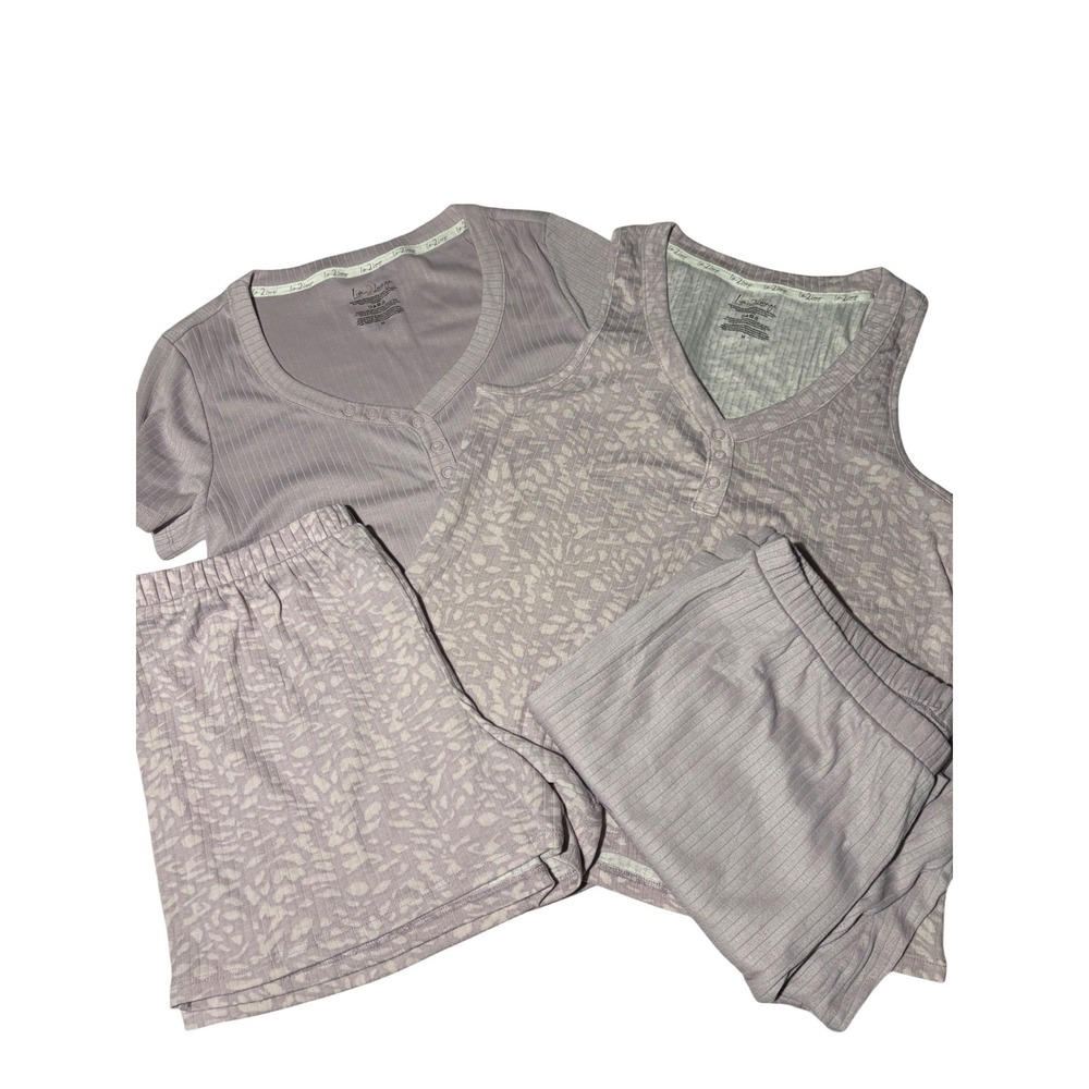 Live 2 Lounge Womens 4 Piece Pajama Set Lavender Ribbed Knit Floral M Purple